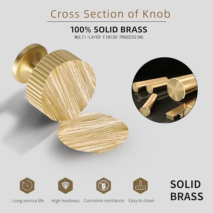 Brushed Gold Kitchen Cabinet Knob - Solid Brass Dresser Drawer Knob 6 Pack, Brass Handles for Bathroom Bedroom Closet Wardrobe,Furniture Hardware pulls