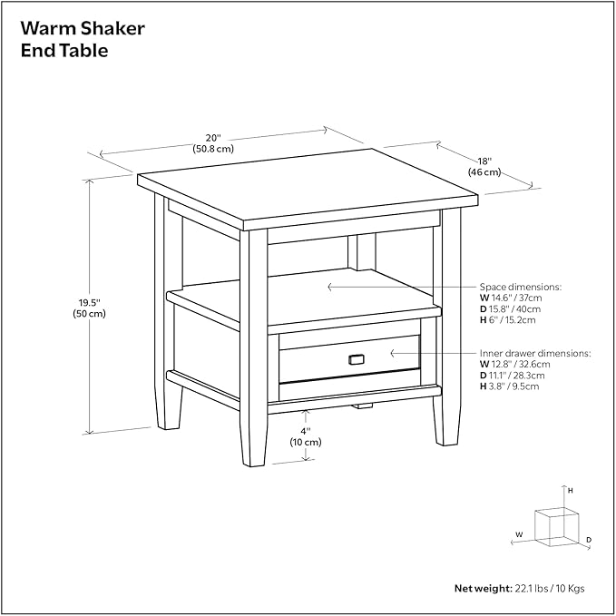SIMPLIHOME Warm Shaker SOLID WOOD 20 inch Wide Rectangle Transitional End Table in Warm Walnut Brown for the Living Room and Bedroom