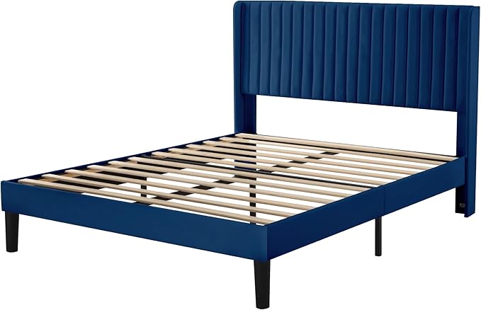 Allewie Full Size Velvet Bed Frame/Vertical Channel Tufted Wingback Headboard/Upholstered Platform Bed/Strong Wooden Slats/No Box Spring Needed/Easy Assembly/Blue