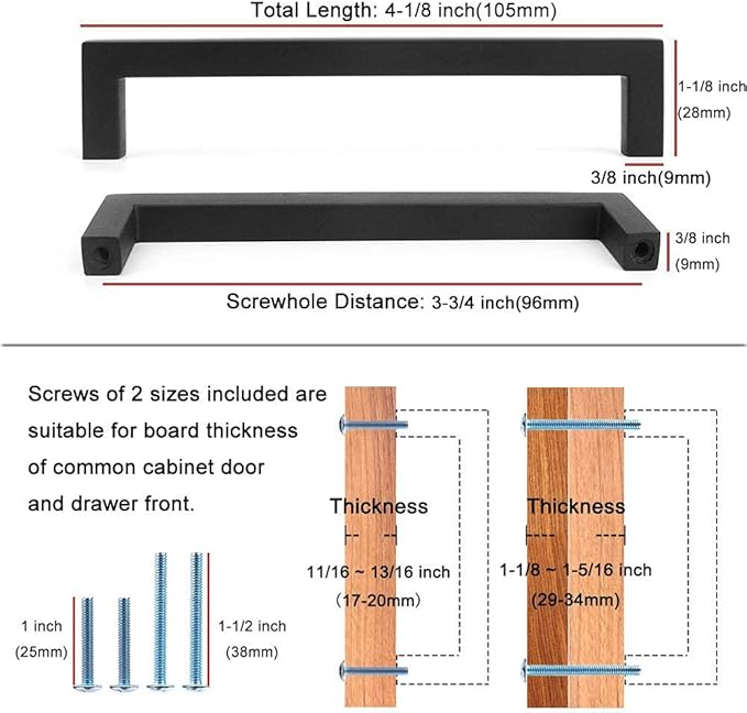KOOFIZO Solid Square Bar Cabinet Handle - Black Furniture Pull, 3.8 Inch/96mm Screwhole Distance, 10-Pack for Kitchen Cupboard Door, Bedroom Dresser Drawer, Bathroom Wardrobe Hardware