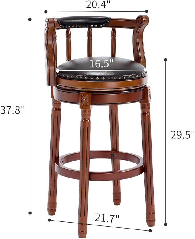 Cow top Leather Wooden Bar Stools, 360 Degree Swivel Bar Height Chair with Backs for Home Kitchen Counter, Morden Chair Barstools (Black, Bar Height-Seat Height 29.5”)