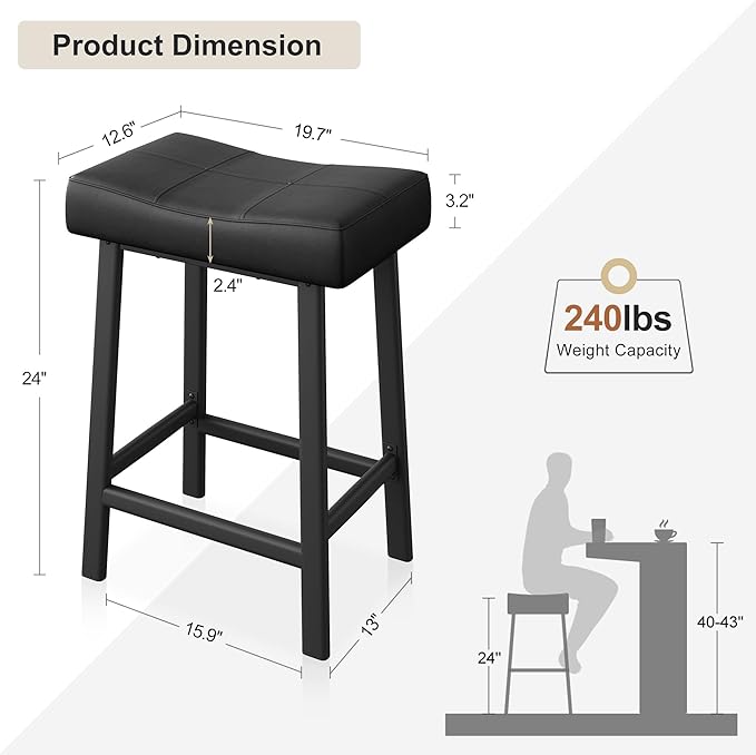 GarveeHome Counter Height Bar Stools Set of 4, 24 Inch Barstools for Kitchen Island Counter, Upholstered Padded Saddle Chairs with Curved Cushion, Easy Assembly, Black