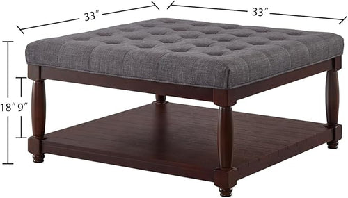 24KF Upholstered Square Coffee Table with Wooden Shelf, Tufted Button Large Square Ottoman with Spindle Wooden Legs, Linen Large Footrest Ottoman Pouf for Living Room, Dark Gray