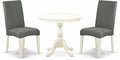 East West Furniture AMDR3-LWH-07 3 Piece Dining Table Set for Small Spaces Contains a Round Kitchen Table with Pedestal and 2 Gray Linen Fabric Upholstered Chairs, 36x36 Inch, Linen White