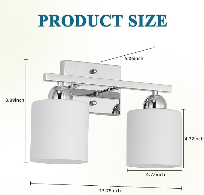 Stainless Steel Milk Glass Vanity Lights for Bathroom, 2 Light Chrome Bathroom Light Fixtures Over Mirror, Ceramic E26 Sockets Wall Mounted