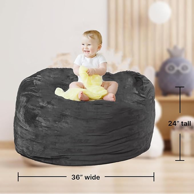 Giant Fur Bean Bag Chair Cover for Kids Adults, (No Filler) Living Room Furniture Big Round Soft Fluffy Faux Fur Beanbag Lazy Sofa Bed Cover (Grey, 3FT)