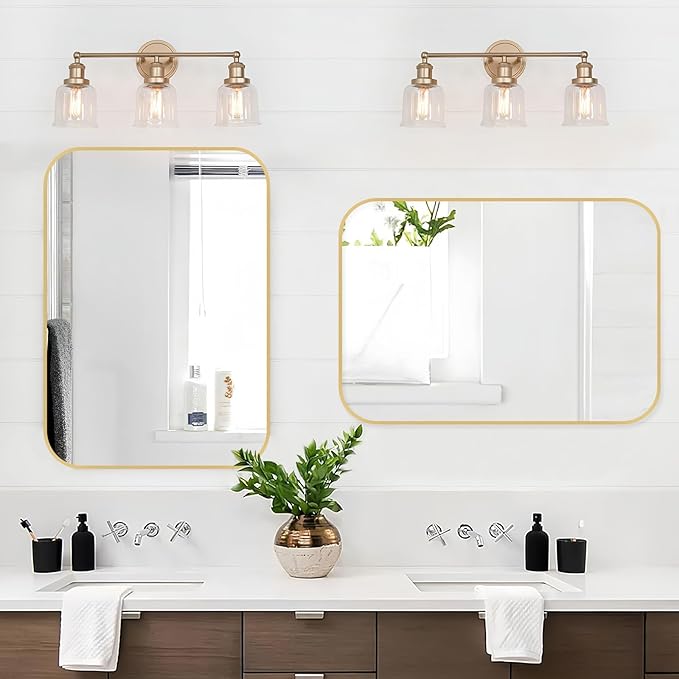 Gold Bathroom Mirror, 20x28 Inch Brushed Gold Mirror, Aluminum Alloy Framed Vanity Mirror, Rounded Rectangle Mirror for Over Sink, Anti-Rust Wall Mirror (Horizontally or Vertically)