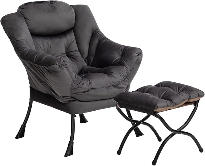 HollyHOME Fabric Lazy Chair with Foldable Ottoman, Accent Comfy Lounge Arm Chair and Folding Footrest Stool Set, Leisure Sofa Reading Chair and Footstool for Living Room, Bedroom, Dorm, Smoky Grey