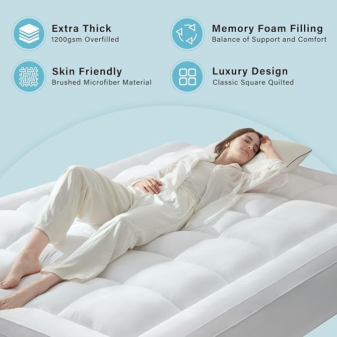 Anluoer King Mattress Topper, Memory Foam Pillow Top Mattress Topper for Back Pain, Extra Thick Breathable Mattress Pad with 8-21" Deep Pocket, 78x80 Inches, White