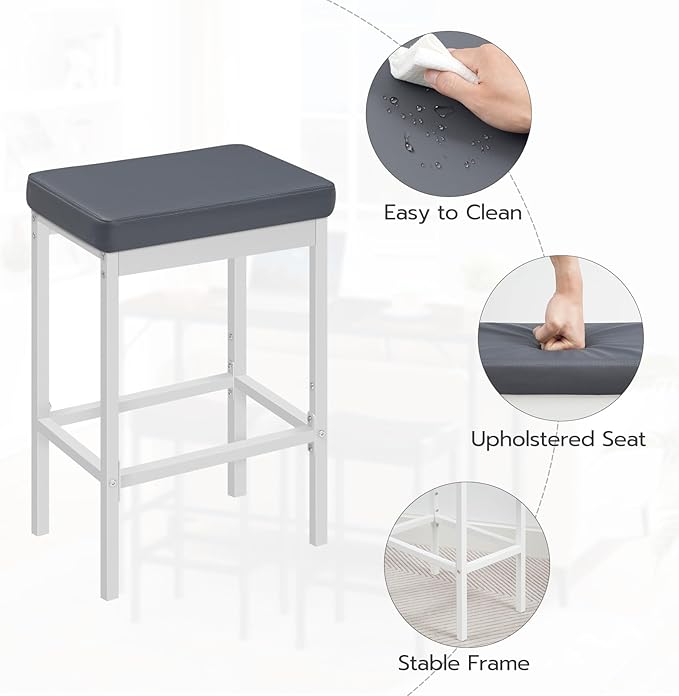 HOOBRO Bar Stools, 24.8-Inch Height Stools, Breakfast Bar Stools, Kitchen Bar Chairs, 2" Thick Upholstery, for Kitchen, Dining Room, Cafe, Bar Counter, White and Gray WG21BY01