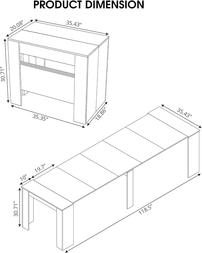 Expandable Dining Table, Convertible Table for Dining Room, Kitchen and Small Spaces, for 2-10 People, White