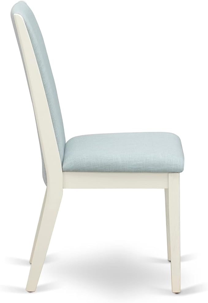 East West Furniture V027LA015-9 9 Piece Dining Set Includes a Rectangle Dining Room Table with V-Legs and 8 Baby Blue Linen Fabric Upholstered Parson Chairs, 40x72 Inch, Multi-Color