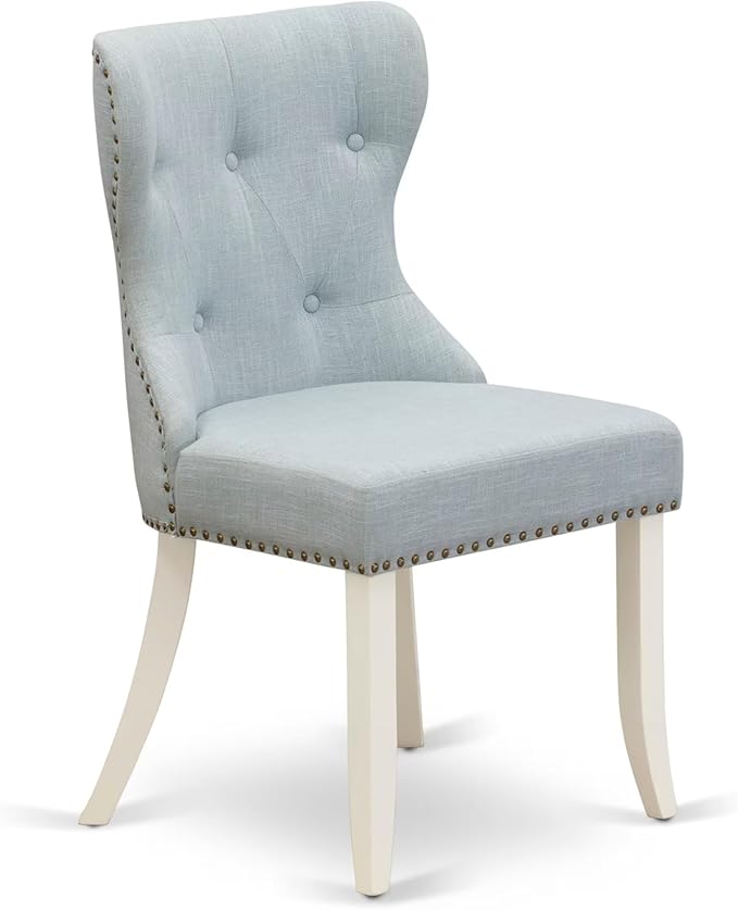 East West Furniture V077SI215-9 9 Piece Kitchen Table Set Includes a Rectangle Dining Table with V-Legs and 8 Baby Blue Linen Fabric Parsons Dining Chairs, 40x72 Inch, Multi-Color