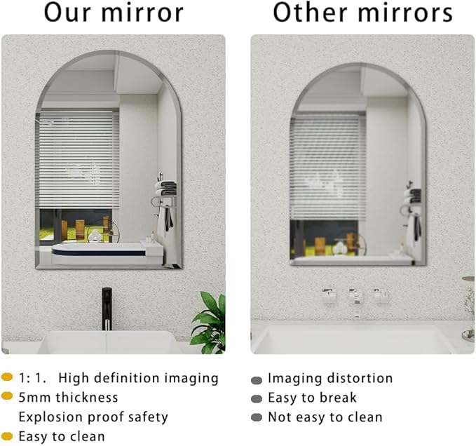 Arched Bathroom Mirror, 18X26 inch Arched Frameless Mirror, Arch Wall Mirror，Frameless Mirrors for Bathroom,Beveled Bathroom Mirror.(18 * 26inch)