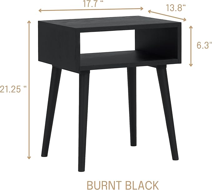 NTC Solid Oak Zoe Nightstand, Mid Century Modern Side Table Bedroom, Bedside Furniture, Night Stand, End Table, Easy Assembly - Burnt Black