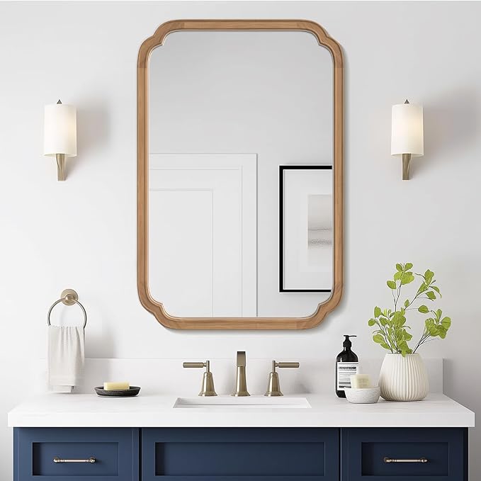 WallBeyond 24" x 36" Rounded Corner Arch Wall Mirror with Wood Frame for Entryway, Living Room or Bedroom Home Decor - Light Woodgrain [24" x 36" Honey-Colored]