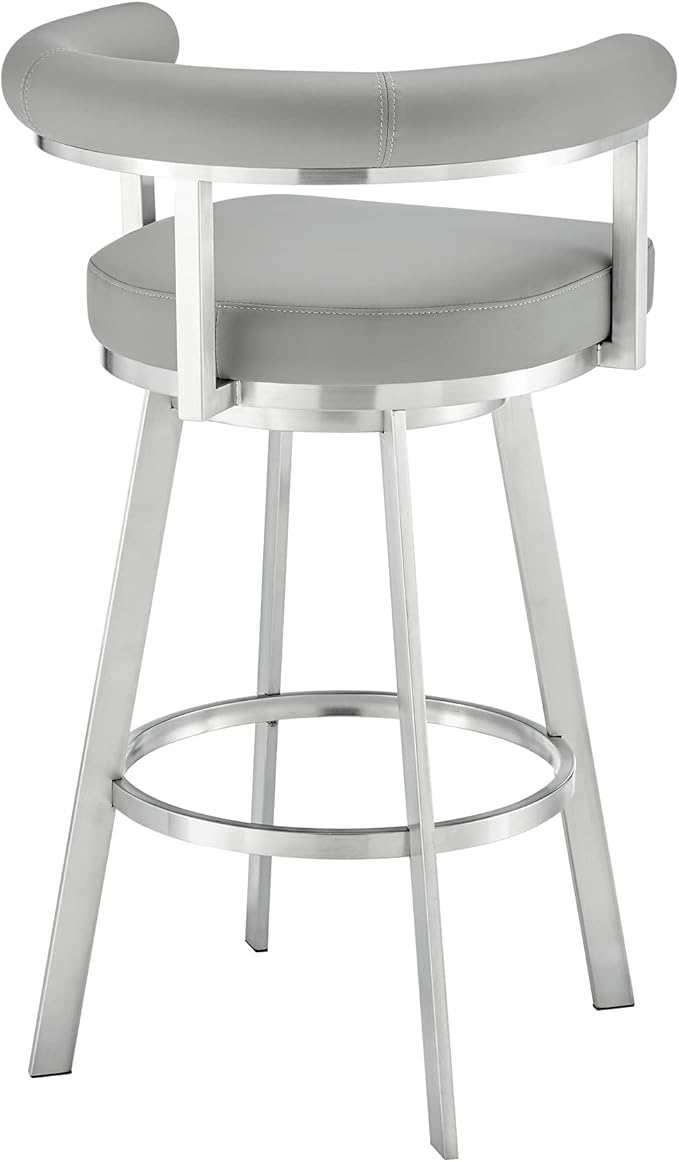 Armen Living Magnolia Swivel Counter Stool in Brushed Stainless Steel with Light Grey Faux Leather