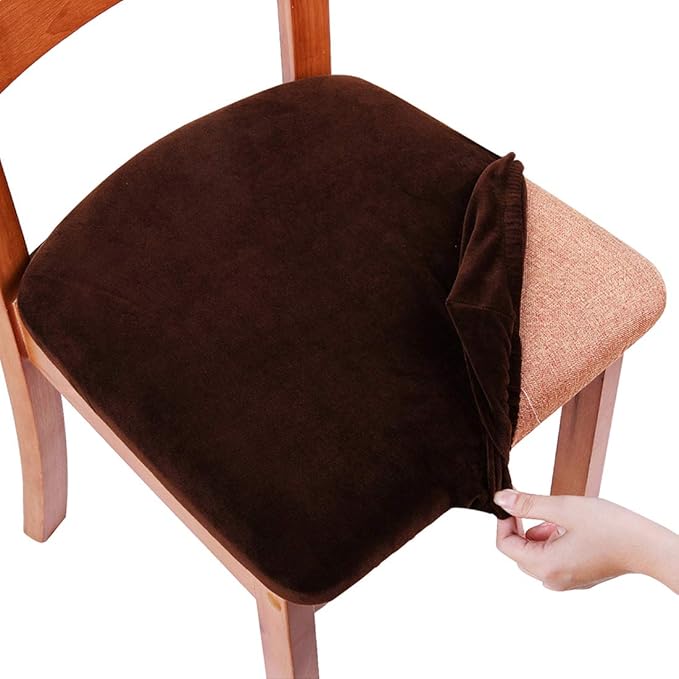 Smiry Velvet Seat Covers for Dining Room Chair Set of 6, Stretch Fit Removable Washable Chair Seat Cushion Protector Slipcovers with Ties, Coffee