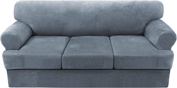 H.VERSAILTEX Sofa Cover 4 Piece T Cushion Sofa Slipcovers Thick Velvet Couch Cover Furniture Protector Stretch Sofa Covers for 3 Cushion Couch with 3 Individual Covers Washable, Stone Blue
