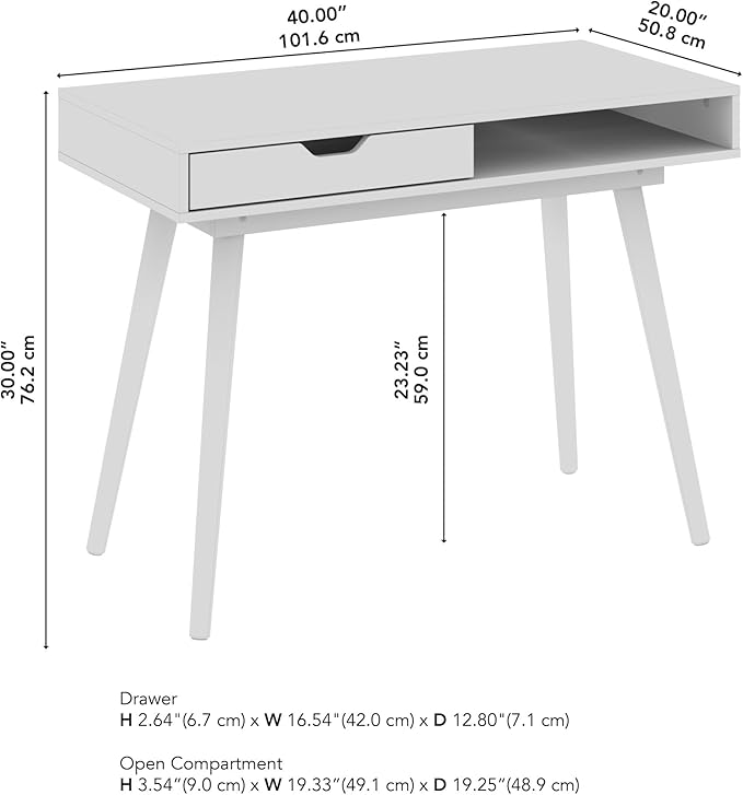 Furniture Nora 40W Writing Desk in Pure White | Computer Table for Home Office Workspace or Entryway