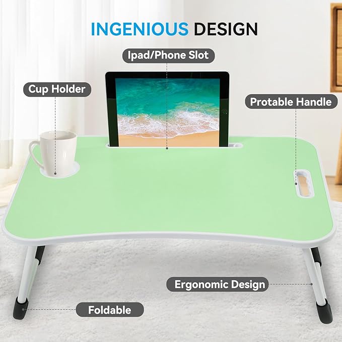 BUYIFY Folding Lap Desk, 23 Inch Portable Wood Green Laptop Bed Desk Lap Desk with Cup Holder, for Working Reading Writing, Eating, Watching Movies for Bed Sofa Couch Floor