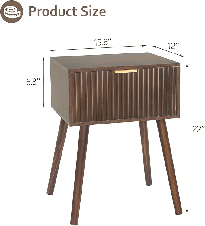 Mid Century Modern Nightstand, Small End Tables Living Room, Accent Bedside Table with Drawer for Bedroom and Small Space, Rustic Brown