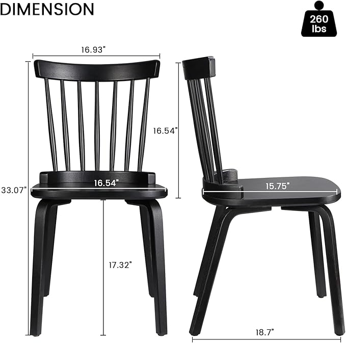 Unovivy Wood Dining Chairs Set of 4, Farmhouse Spindle Back, Widen Seat, Modern Mid-Century Country Style, for Living Room Restaurant, Black