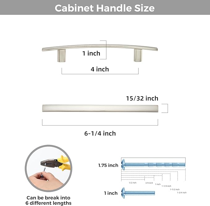 30 Pack Cabinet Handles 4" Hole Center - Curved Cabinet Pulls Brushed Nickel Drawer Pulls for Kitchen Cupboard Solid Hardware for Dresser Drawer Arch Hardware