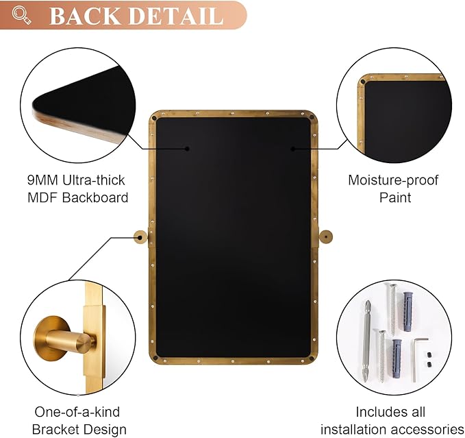 MOON MIRROR 20" x 28" Brushed Gold Metal Framed Pivot Rectangle Bathroom Mirror for Wall, Tilting Rounded Rectangular Vanity Mirror Hangs Vertical only