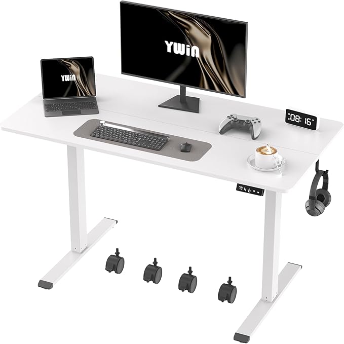Ywin Electric Height Adjustable Standing Desk, 55 x 24 inches Sit Stand Desk with Wheels, Ergonomic Stand Up Desk for Home Office