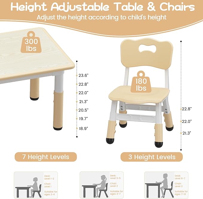 GarveeHome Kids Table and 2 Chairs Set, Height Adjustable Toddler Table and Chair Set for 2, Graffiti Desktop, Non-Slip Design, Children Table for Home Daycare Preschool for Ages 2-8, Beige