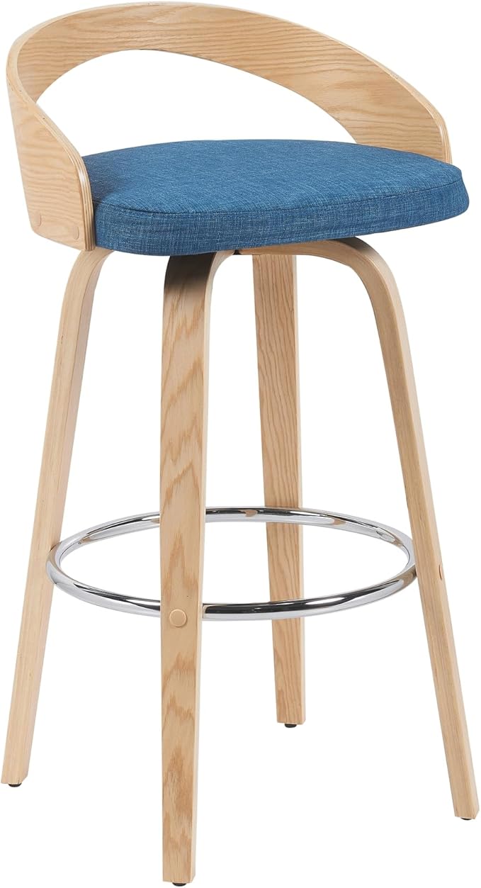 Sonia Modern Swivel Bar Height Stool with Blue Upholstered Seat and Patterned Oak Wood Finish Set of 2