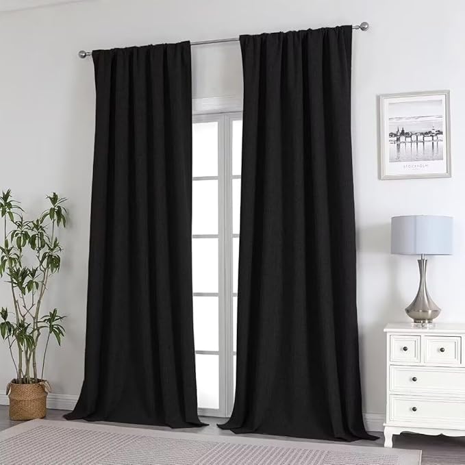 Joydeco Natural Linen Curtains 96 inch Length 2 Panels Set Burg 100% Blackout Patio Door Curtain Room Darkening Sliding Door Curtains Thermal Insulated Back tab Rod Pocket(105x96 inch, Black)