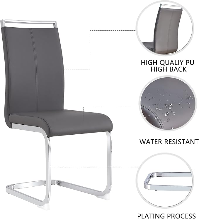 Dining Chairs Set, Kitchen Modern Metal Chairs with Faux Leather Padded Seat High Back and Sturdy Chrome Legs, Chairs for Dining Room (Grey, Set of 2)