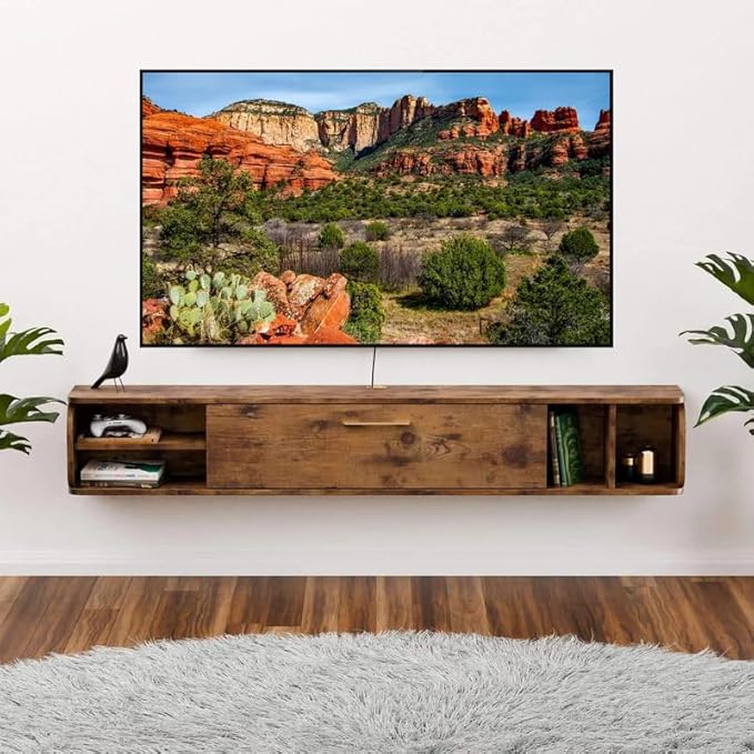 Floating TV Unit, 47'' Wall Mounted TV Cabinet, Floating Shelves with 4 Cabinets, Wooden Entertainment Media Console Center Large Storage TV Bench for Living Room & Office (Rustic Brown)