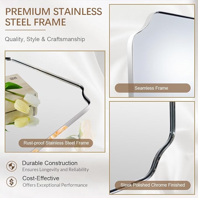 ANDY STAR Chrome Scalloped Mirror, 26x38 Inch Polished Chrome Rectangle Mirror, Unique Bathroom Mirror with Scalloped Edge Design, Rust-Proof Stainless Steel 1’’ Frame, Home Decor