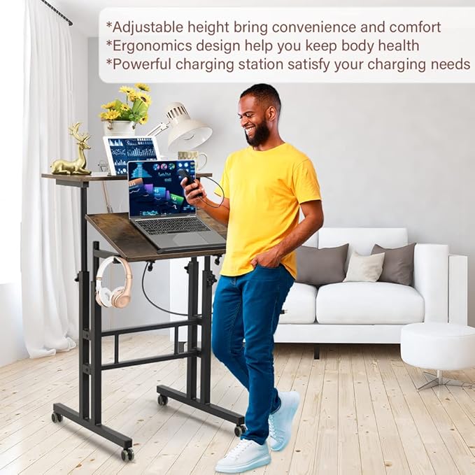 Hadulcet Mobile Standing Desk with Charging Station, Adjustable Standing Computer Desk, Standing Adjustable Laptop Cart with Wheels for Home Office Classroom Rustic Brown
