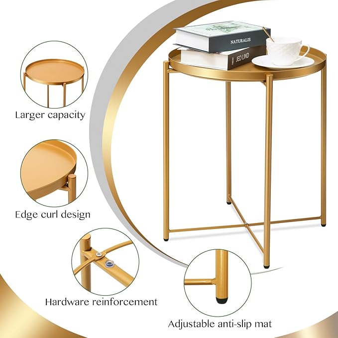 danpinera Gold Side Table, End Table for Small Spaces Outdoor Desk Round Metal Patio Coffee Nightstand Waterproof Removable Tray Desk for Living Room Bedroom Balcony Office