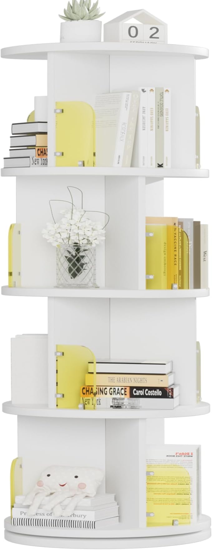 VECELO Rotating Bookshelf Tower, 360°Revolving Bookcase, Round Book Shelf Rotating, Stackable Storage Display Rack Floor Standing for Kids&Adults Solid Wood, White