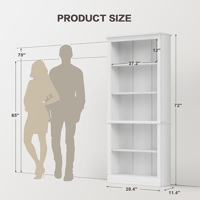 YESHOMY 72" Bookcase and Bookshelf, 5-Tier Wood Bookcases with Shelves, Tall Floor Standing Book Shelf Storage Cabinet Home Decor Furniture for Living Room, Home Office, White, 1 PCS