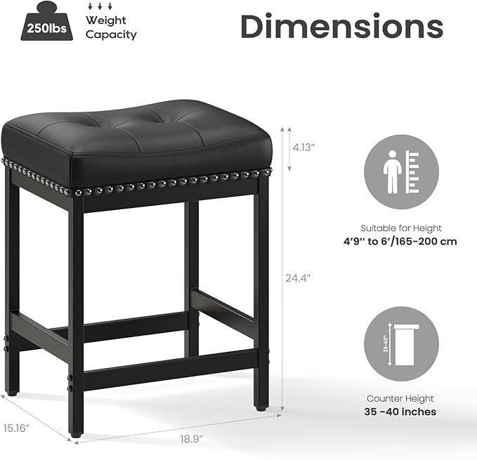 MALOL Set of 6 Saddle Bar Stools Counter Height 24.4”, Black Backless Barstools for Kitchen Island, Modern PU Leather Cushioned Seat, Bar Chairs for Kitchen Counter, Breakfast Bar Stools for Home