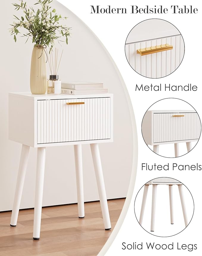 Night Stand Set 2, White Nightstand with Fluted Doors, Small Modern Mid-Century Bedside Table for Bedroom, End Table for Living Room