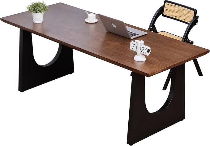 Wooden Executive Office Desk Computer Table Multi-Sized High Cost Performance Stylish Design Metal Legs Versatile Use for Office or Dining Casual Table (Walnut Color, 55.12in)