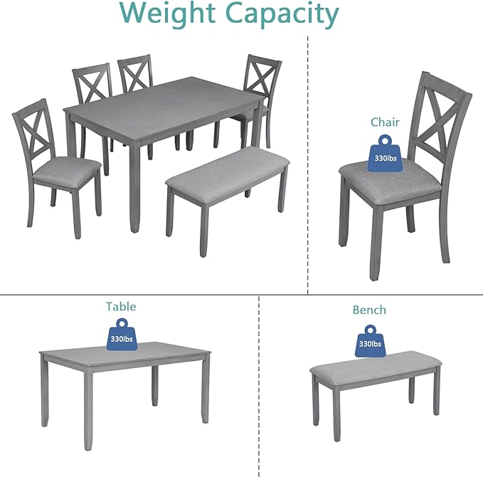 KEIKI 6-Piece Standard Height Dining Table Set with Rectangular Table, 4 Upholstered X-Shaped Backrset Chair, Bench, for 6 Person, Modern Style Table Set, Easy Assembly, for Kitchen, Dining Room, Gray