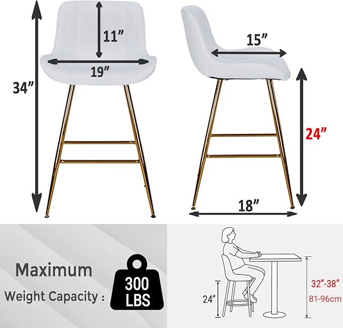 Sidanli Gold Barstools Set of 2, White Bar Stools with Gold Legs, Velvet Stools for Kitchen Island, 24inch Luxury Barstools with Adjustable Footrests
