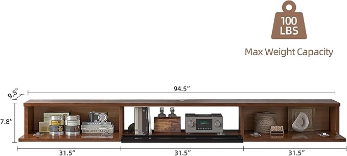 High Gloss Floating TV Stand,94'' Wall Mounted TV Console,Under TV Floating Shelf,Floating TV Cabinet with 3 Doors for Bedroom Living Room(Walnut)