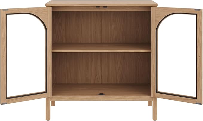Nathan James Mason Modern Farmhouse TV Stand, Free Standing Accent Sideboard Buffet, Cabinet with Glass Doors and Adjustable Shelf, Clear Glass/Raw Oak Set of 3