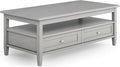 SIMPLIHOME Warm Shaker Coffee Table - 48 inch Wide Solid Wood Cocktail Table in Fog Grey, Transitional Living Room Table with 2 Storage Drawers and Open Shelf for Sitting Area or Lounge