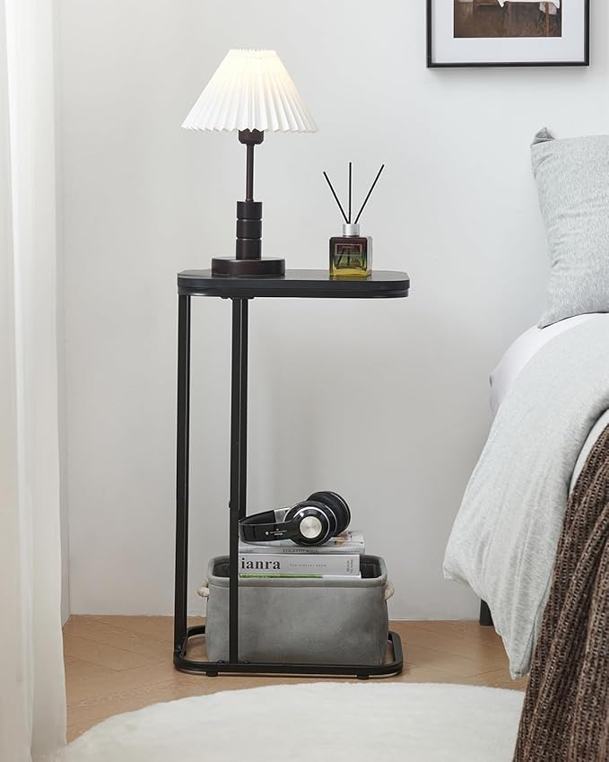 C Shaped End Table, 27 Inches High Small Side Table for Sofa and Bed, Couch Table That Slides Under, Tall Tv Tray Table for Living Room, Bedroom, Metal Frame, Ebony Black