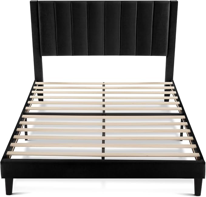 SHA CERLIN Full Bed Frame/Velvet Upholstered Platform Bed Frame with Headboard/Strong Wood Slats Support/Mattress Foundation/No Box Spring Needed - Black